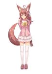  ahoge animal_ears arm_behind_back arm_up bag brown_eyes brown_hair dog_ears dog_tail finger_to_mouth flower full_body hair_flower hair_ornament highres kemo_(pokka) long_hair long_tail open_mouth original pink_shirt shirt shoes skirt solo tail thighhighs thighs white_legwear white_skirt 