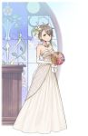  ange_(princess_principal) bare_shoulders blue_eyes bouquet braid breasts bridal_gauntlets cleavage dress earrings flower full_body gloves grey_hair hair_flower hair_ornament highres holding holding_bouquet indoors jewelry light_smile lily_(flower) looking_at_viewer necklace official_art princess_principal princess_principal_game_of_mission short_hair solo stained_glass standing stud_earrings transparent_background white_dress white_gloves 