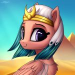  2018 bust_portrait chest_tuft clothed clothing cute desert egyptian equine eyebrows eyelashes eyeliner feathered_wings feathers female feral friendship_is_magic fur hair headdress hi_res looking_at_viewer makeup mammal mascara my_little_pony outside pegasus pink_feathers portrait purple_eyes pyramid setharu short_hair signature sky smile solo somnambula_(mlp) teal_hair translucent transparent_clothing tuft wings 