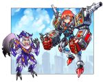  anti_(ssss.gridman) bangs blue_eyes blue_sky city cityscape cloud cloudy_sky commentary_request cosplay day gridman_(ssss) gridman_(ssss)_(cosplay) hibiki_yuuta male_focus multiple_boys oomasa_teikoku red_eyes red_hair short_hair silver_hair sky ssss.gridman 