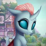  2018 building bust_portrait changeling cute detailed_background equine eyebrows eyelashes female feral floppy_ears friendship_is_magic hi_res horn looking_at_viewer mammal mountain my_little_pony ocellus_(mlp) outside portrait school setharu signature sky smile solo teal_eyes tree 