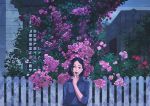  black_hair blowing blowing_leaves blue_shirt collared_shirt commentary_request covered_mouth fence flower gemi head_tilt leaf looking_at_viewer original outdoors pink_flower pink_rose plant purple_eyes purple_flower purple_rose red_flower red_rose rose shirt solo 