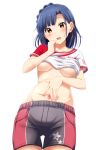  absurdres bangs blue_hair blush braid breasts commentary_request cowboy_shot eyebrows_visible_through_hair gym_shirt gym_uniform highres idolmaster idolmaster_million_live! looking_at_viewer medium_breasts nanao_yuriko navel open_mouth shiokazunoko shirt shirt_lift short_hair short_sleeves shorts simple_background solo spread_navel underboob white_background yellow_eyes 