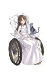  animal blue_eyes braid brown_eyes brown_hair cat clothed_animal dress formal full_body hand_on_lap highres long_hair looking_at_viewer official_art princess_principal princess_principal_game_of_mission shirley_collins smile suit transparent_background wheelchair white_dress 