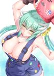  aqua_hair areola_slip areolae arms_up badge black_gloves blush breasts chainsaw cleavage collarbone cosplay fate/grand_order fate_(series) gloves gradient gradient_background horns karinaga_raizan kiyohime_(fate/grand_order) kiyohime_(swimsuit_lancer)_(fate) large_breasts long_hair looking_at_viewer low_twintails naked_overalls overall_shorts overalls paul_bunyan_(fate/grand_order) paul_bunyan_(fate/grand_order)_(cosplay) smile solo twintails yellow_eyes 