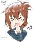  &gt;_&lt; blue_sailor_collar blush brown_hair closed_eyes dated facing_viewer folded_ponytail gurande_(g-size) hair_between_eyes highres inazuma_(kantai_collection) kantai_collection no_nose open_mouth sailor_collar simple_background solo upper_body white_background 