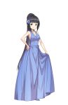  black_hair blue_dress blue_eyes blush dress earrings formal full_body hair_ornament hand_on_hip highres jewelry josie_rosebud long_hair looking_at_viewer makaria mole mole_under_eye necklace official_art ponytail princess_principal princess_principal_game_of_mission skirt_hold smile standing transparent_background very_long_hair 
