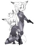  animal_humanoid big_ears bodysuit braided_hair breasts canine clothed clothing dipstick_tail duo fangs female fox_humanoid grin gun hair handgun holding_object holding_weapon humanoid inner_ear_fluff kneeling mammal multicolored_tail open_mouth pistol ponytail ranged_weapon sakifox sharp_teeth short_hair skinsuit smile teeth tight_clothing weapon 