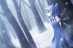  arms_behind_back blue_dress blue_eyes blue_hair blurry blurry_background blush cirno commentary dress dutch_angle eyebrows_visible_through_hair feet_out_of_frame forest hair_between_eyes ice ice_wings nature neck_ribbon nullpuni outdoors profile puffy_short_sleeves puffy_sleeves red_neckwear red_ribbon ribbon shirt short_hair short_sleeves sidelocks snow snowing solo standing touhou tree white_shirt wing_collar wings 