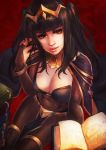  absurdres black_eyes black_hair bodystocking bracelet breasts bridal_gauntlets cape cleavage covered_navel fire_emblem fire_emblem:_kakusei highres jewelry long_hair looking_at_viewer monori_rogue pelvic_curtain red_background solo tharja thigh_strap tiara 
