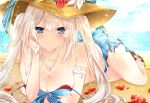  arm_support armlet bare_shoulders bikini blue_bikini blue_eyes blush bracelet breasts cleavage collarbone commentary day eyebrows_visible_through_hair fate/grand_order fate_(series) hat jewelry long_hair looking_at_viewer marie_antoinette_(fate/grand_order) marie_antoinette_(swimsuit_caster)_(fate) medium_breasts necklace ocean outdoors pearl_necklace petals raimu_(yuzu-raimu) silver_hair smile solo strap_slip swimsuit thighs twintails water wet 