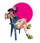  bikini_tan black_eyes brand_name_imitation breasts camisole can chair clothes_writing converse covered_nipples crossed_legs earrings fang flower full_body gorillaz hair_flower hair_ornament hello_kitty jewelry midriff navel no_bra noodle_(gorillaz) older philip_bawasanta ponytail purple_hair roller_skates short_shorts shorts sideboob simple_background sitting skates small_breasts smile socks soda_can solo stud_earrings tan tanline 