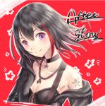  &gt;:) bang_dream! bangs black_choker black_hair black_jacket breasts choker cleavage collarbone cross-laced_clothes floating_hair group_name hair_between_eyes highlights highres jacket jewelry looking_at_viewer mitake_ran multicolored_hair off_shoulder pendant purple_eyes red_background red_hair short_hair shoulder_tattoo sketch small_breasts smile solo star streaked_hair tattoo tobychou upper_body 