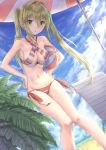 absurdres ahoge beach beach_umbrella bikini blonde_hair blue_sky blush breasts cleavage collarbone criss-cross_halter day dutch_angle earrings fate/grand_order fate_(series) green_eyes groin halterneck hands_on_hips highres jewelry long_hair medium_breasts navel nero_claudius_(fate)_(all) nero_claudius_(swimsuit_caster)_(fate) open_mouth outdoors side-tie_bikini sideboob sky solo standing striped striped_bikini swimsuit tobychou twintails umbrella 