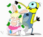  ambiguous_gender blue_eyes clenched_teeth clothed clothing crossdressing crossover dancing dress english_text female female/ambiguous florkofcows humanoid lagomorph male male/female mammal mario_bros minion money nintendo princess_peach rabbid rabbids signature simple_background teeth text twerking video_games white_background wig 