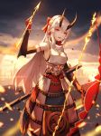  absurdres armor bow_(weapon) breasts commentary fate/grand_order fate_(series) foka_(beginner) hair_between_eyes headband highres holding holding_bow_(weapon) holding_weapon horns japanese_armor japanese_clothes kusazuri oni oni_horns open_mouth red_eyes shoulder_armor slit_pupils sode solo tomoe_gozen_(fate/grand_order) weapon white_hair 