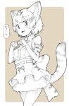  absurdres animal_ears back_bow bare_shoulders blush bow bowtie cat_ears cat_tail commentary cowboy_shot elbow_gloves enk_0822 eyebrows_visible_through_hair frilled_skirt frills gloves greyscale highres kemono_friends monochrome multicolored_hair nyan paw_pose sand_cat_(kemono_friends) short_hair skirt solo tail vest 