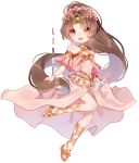  bare_shoulders brown_eyes brown_hair chibi cleavage_cutout commission fire_emblem fire_emblem:_monshou_no_nazo flower frills full_body hair_flower hair_ornament jumping lilianei linda_(fire_emblem) long_hair looking_at_viewer open_mouth ponytail smile 