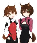  absurdres alice_gear_aegis animal_ears black_pants brave_witches breasts brown_eyes brown_hair cleavage cosplay covered_navel cowboy_shot creator_connection crossover dog_ears dog_tail hair_ornament hairclip highres karibuchi_hikari lowlegist medium_breasts miyafuji_yoshika multicolored multicolored_clothes multiple_girls open_mouth pants pilot_suit side_slit simple_background small_breasts smile squirrel_ears squirrel_tail strike_witches tail white_background world_witches_series 