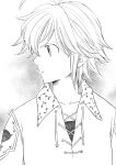  antenna_hair artist_name collarbone emblem greyscale harumiya long_sleeves male_focus meliodas monochrome nanatsu_no_taizai profile shirt solo upper_body 