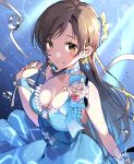  bare_shoulders blue_background blue_choker blue_dress blush breasts brown_eyes brown_hair bubble choker cleavage corsage dress floral_print flower hair_flower hair_ornament idolmaster idolmaster_cinderella_girls idolmaster_cinderella_girls_starlight_stage long_hair looking_at_viewer nitta_minami pinb pink_flower pink_rose ribbon rose signature smile solo white_ribbon wrist_cuffs yellow_flower 