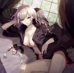  ahoge black_panties breasts commentary_request eyebrows_visible_through_hair fate/grand_order fate_(series) headgear_removed highres jacket jeanne_d'arc_(alter)_(fate) jeanne_d'arc_(fate)_(all) looking_at_viewer medium_breasts no_bra on_bed open_clothes open_jacket pale_skin panties parted_lips pillow silver_hair solo tsurukame underwear wicked_dragon_witch_ver._shinjuku_1999 window yellow_eyes 