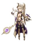  absurdres aqua_eyes armor armored_boots blonde_hair boots breasts cape cleavage gloves headgear highres holding holding_staff light_smile long_hair looking_at_viewer midriff navel original ponytail purple_cape simple_background smile solo sookmo staff white_background 
