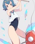  arms_up black_eyes blue_eyes blue_hair blue_swimsuit blush fish fishing fishing_rod gen_1_pokemon grey_background highres holding magikarp matching_hair/eyes one-piece_swimsuit open_mouth pokemon pokemon_(creature) pokemon_(game) pokemon_sm ririmon shirt short_hair simple_background sleeveless sleeveless_shirt sparkle standing suiren_(pokemon) swimsuit swimsuit_under_clothes water white_shirt 