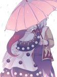  bow bowtie brooch commentary doremy_sweet dress hand_on_another's_shoulder hat jacket jewelry kishin_sagume kiss layered_dress long_sleeves multiple_girls nightcap pink_umbrella pom_pom_(clothes) rain sakikagami shared_umbrella silver_hair single_wing touhou umbrella wings yuri 