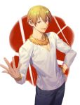  black_pants blonde_hair bracelet commentary_request fate/zero fate_(series) fingernails gilgamesh glint gold hand_on_hip jewelry long_sleeves looking_at_viewer male_focus necklace pants parted_lips red_eyes shirt signature smile solo white_shirt yamakawa 