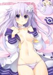  blush breasts choker d-pad d-pad_hair_ornament eyebrows_visible_through_hair hair_ornament highres looking_at_viewer lying nepgear neptune_(choujigen_game_neptune) neptune_(series) on_back panties purple_eyes purple_hair striped striped_panties stuffed_toy underwear zero_(ray_0805) 