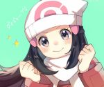  1girl artist_name black_eyes blue_hair blush coat face female green_background hair_ornament hairclip hands_up hikari_(pokemon) japanese_text jpeg_artifacts long_hair long_sleeves looking_at_viewer pokemon pokemon_(game) pokemon_dppt pokemon_platinum red_coat ririmon simple_background smile solo sparkle translation_request twitter_username 