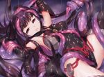  armpits arms_up black_gloves black_legwear breasts clenched_teeth covered_navel covered_nipples elbow_gloves gloves leotard long_hair medium_breasts non-web_source original purple_eyes purple_hair restrained solo suggestive_fluid teeth tentacles thighhighs tsuyuta_kome very_long_hair 