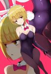  animal_ears arm_behind_back ass bangs black_gloves black_legwear black_leotard blonde_hair blunt_bangs bow bowtie breasts bunny_ears bunny_tail bunnysuit cleavage cutlass_(girls_und_panzer) detached_collar elbow_gloves eyebrows_visible_through_hair fake_animal_ears fake_tail fishnet_pantyhose fishnets girls_und_panzer gloves half-closed_eyes han_(jackpot) leotard lips medium_breasts multiple_views pantyhose parted_lips pink_background red_neckwear simple_background strapless strapless_leotard tail wing_collar yellow_eyes 