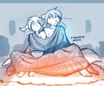  2018 anthro bare_shoulder barefoot basitin bed blue_background blush bowl breasts canine cleavage clothed clothing cuddling digitigrade duo female food hi_res keidran keith_keiser leaning leaning_to_side looking_aside male mammal monochrome natani nude on_bed popcorn simple_background sitting sketch smile tom_fischbach twokinds under_covers webcomic wolf 