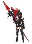  absurdres armor armored_boots axe black_legwear boots covered_face gloves helmet highres holding holding_axe holding_spear holding_weapon long_hair original polearm ponytail red_eyes red_hair simple_background solo sookmo spear thighhighs thighs weapon white_background 