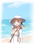  absurdres arm_up bag beach between_breasts black_ribbon blonde_hair blue_bow blue_ribbon blue_sky blush bow breasts cleavage cloud collarbone dabaizhao day eyebrows_visible_through_hair floating_hair green_eyes hair_between_eyes hair_ribbon hat hat_bow hat_ribbon highres hood hooded_jacket jacket kantai_collection long_hair medium_breasts no_bra ocean open_clothes open_jacket open_mouth outdoors partially_unzipped prinz_eugen_(kantai_collection) ribbon sketch sky solo standing strap_cleavage sun_hat twintails upper_body white_hat white_jacket 