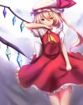  back_bow bangs blonde_hair bow covering_mouth cowboy_shot eyebrows_visible_through_hair flandre_scarlet frilled_skirt frills hair_between_eyes hat kagarino_hikaru long_hair red_eyes red_skirt short_sleeves side_ponytail single_wing skirt solo standing touhou white_bow white_hat wings 