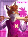  2018 anthro baseball_(disambiguation) blue_eyes brown_hair canine clothing fur hair hotline_miami jackal jacket knife male mammal manulfacture smile solo vaporwave weapon xevrrer(character) 