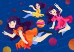  3girls :3 :d :o album_name a~chan black_footwear black_hair blue_eyes blush cat_smile closed_mouth commentary cosmic_explorer dress english_commentary full_body kashiyuka long_hair looking_to_the_side multiple_girls night night_sky nocchi nocchi_(perfume) open_mouth orange_dress perfume pink_dress planet purple_hair round_teeth short_hair short_sleeves sky smile space stars stephanie_shih teeth trio v yellow_dress 