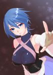  aqua_(kingdom_hearts) bangs bare_shoulders blue_eyes blue_hair breasts brown_gloves closed_mouth detached_sleeves eyebrows_visible_through_hair fingerless_gloves frown gloves hair_between_eyes kingdom_hearts kingdom_hearts_birth_by_sleep large_breasts long_sleeves outstretched_arm short_hair skin_tight solo tamaki_(tmk-poison) turtleneck upper_body 