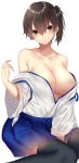  bangs bare_shoulders between_legs black_legwear blue_skirt blush breasts brown_eyes brown_hair cleavage closed_mouth collarbone commentary_request eyebrows_visible_through_hair eyelashes fingernails hair_between_eyes hair_ornament hair_tie hakama_skirt hand_between_legs hand_up highres japanese_clothes kaga_(kantai_collection) kantai_collection large_breasts long_fingernails looking_at_viewer off_shoulder onineko-chan ribbon shiny shiny_skin short_sleeves side_ponytail simple_background sitting skirt solo thighhighs wariza white_background wide_sleeves 