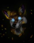  2017 anthro black_background black_nose blue_eyes brown_hair canine fire fur glowing glowing_eyes hair hi_res jackal male mammal scary shailen_shinu simple_background smile solo teeth xevrrer(character) 