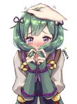  blush fire_emblem fire_emblem_if green_hair hand_on_another's_head ippers midoriko_(fire_emblem_if) motion_lines petting purple_eyes simple_background solo_focus tears tied_hair twintails upper_body white_background 