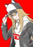  baseball_cap black_jacket blonde_hair blue_eyes commentary_request hat hat_tip hat_with_ears highres hood hoodie jacket kmnz long_hair mc_lita mushiki_k red_background simple_background smile virtual_youtuber 