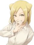  blonde_hair collarbone collared_shirt commentary demi-chan_wa_kataritai double_bun eyebrows_visible_through_hair fang finger_to_face grin iguchi_(strawmat) long_hair looking_at_viewer shirt simple_background smile solo takanashi_hikari upper_body vampire white_background yellow_eyes 