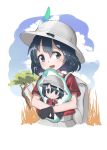 absurdres animal_ears_(artist) backpack bag black_hair blush commentary_request eyebrows_visible_through_hair feathers gloves hat helmet highres holding kaban_(kemono_friends) kemono_friends korean_commentary pith_helmet shirt short_hair short_sleeves shorts solo t-shirt 