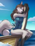  boat breasts canine casidhe clothing detailed_background female fox inktiger looking_at_viewer mammal pinup pose sea signature solo swimsuit vehicle water 