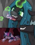  2018 changeling duo equine eyes_closed female feral friendship_is_magic green_eyes hair hi_res horn jar mammal micro my_little_pony open_mouth queen_chrysalis_(mlp) skitterpone slit_pupils tongue tongue_out twilight_sparkle_(mlp) vore winged_unicorn wings 