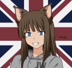  blue_eyes brown_hair flag_background hood hoodie original smile union_jack wolf_ears 